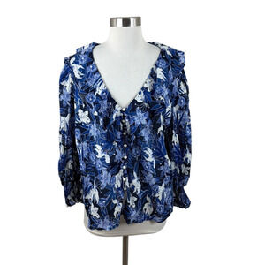 Ralph Lauren Blue Floral Ruffle Cotton Blouse Size XL Preppy Coastal